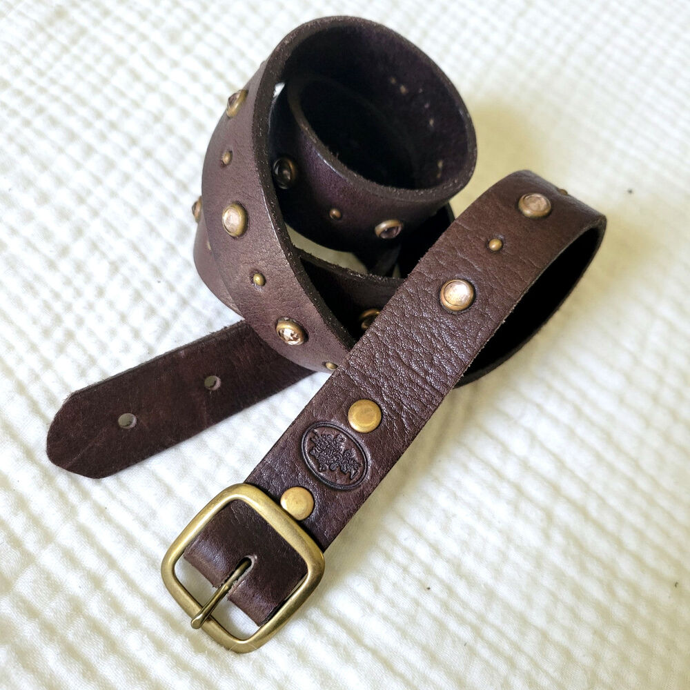 Y2K Nyovee Brown Leather Boho Belt 32 Brass Studded Rhienstone Western Bohemian